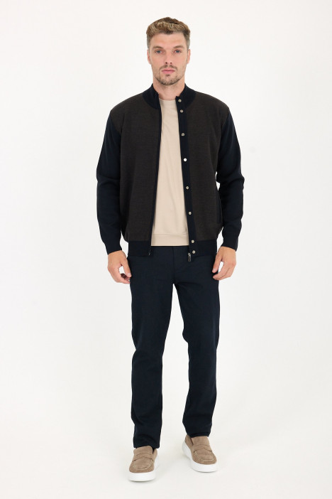 Brown Melange Stand Collar Zip Wool Knit Jacket