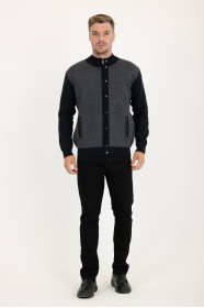 Dark Grey Stand Collar Zip Wool Knit Jacket