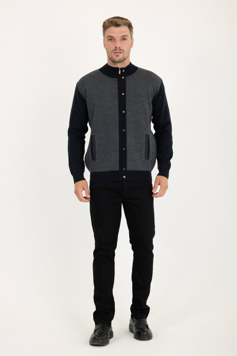 Dark Grey Stand Collar Zip Wool Knit Jacket
