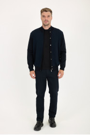 Navy Stand Collar Zip Wool Knit Jacket