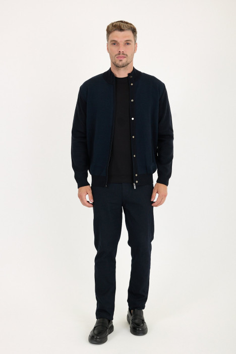 Navy Stand Collar Zip Wool Knit Jacket