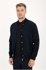 Navy Stand Collar Zip Wool Knit Jacket