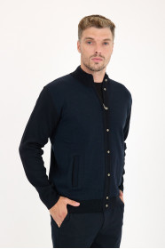 Navy Stand Collar Zip Wool Knit Jacket