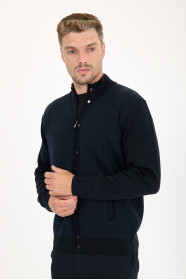 Navy Stand Collar Zip Wool Knit Jacket
