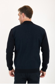 Navy Stand Collar Zip Wool Knit Jacket