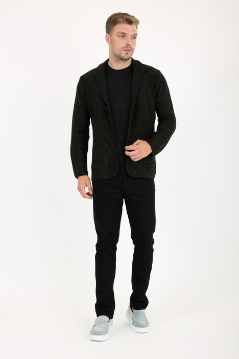 Khaki Blazer Collar Button Wool Knit Jacket