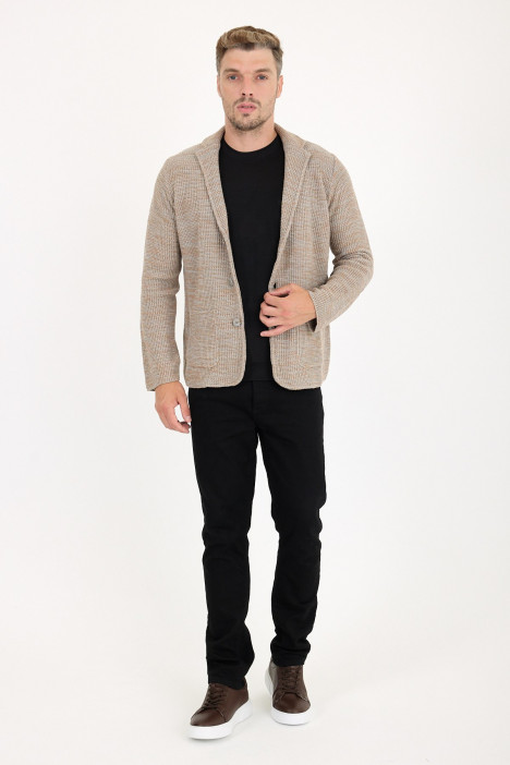 Camel Blazer Collar Button Wool Knit Jacket