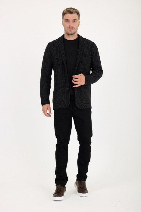 Brown Melange Blazer Collar Button Wool Knit Jacket