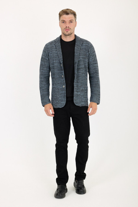 Dark Grey Blazer Collar Button Wool Knit Jacket