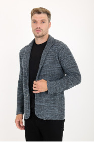 Dark Grey Blazer Collar Button Wool Knit Jacket
