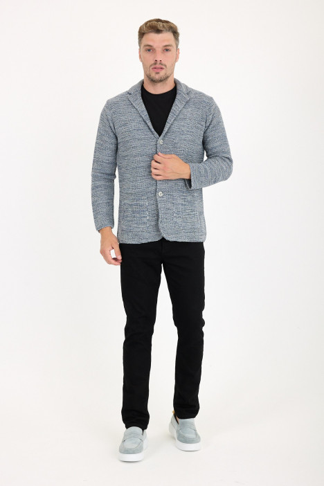 Mid Grey Blazer Collar Button Wool Knit Jacket