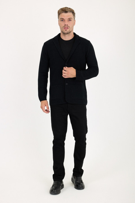 Dark Navy Blazer Collar Button Wool Knit Jacket