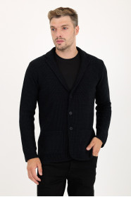 Dark Navy Blazer Collar Button Wool Knit Jacket