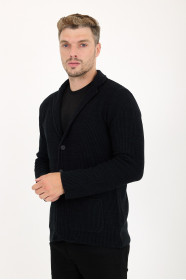 Dark Navy Blazer Collar Button Wool Knit Jacket