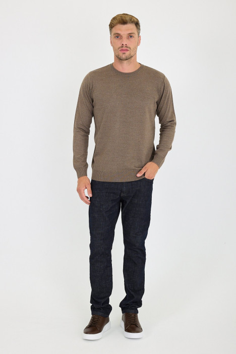 Brown Crew Neck Wool Knit Sweater