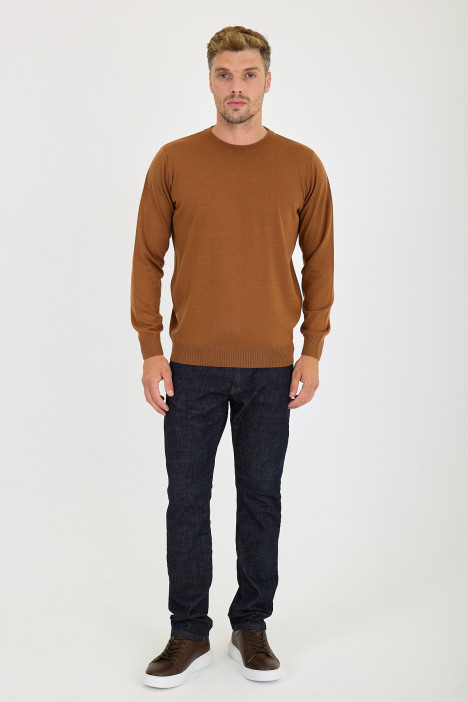 Tan Crew Neck Wool Knit Sweater