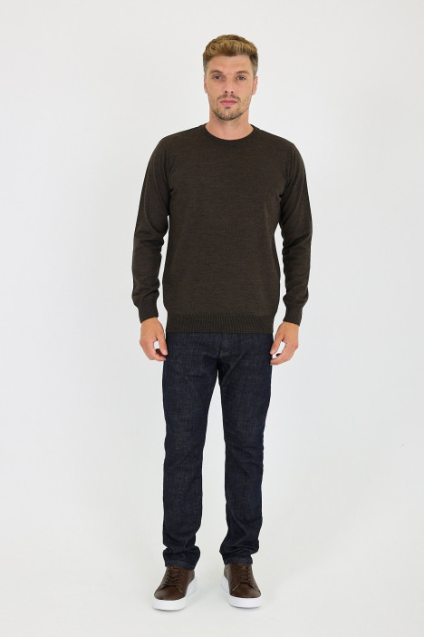 Brown Melange Crew Neck Wool Knit Sweater