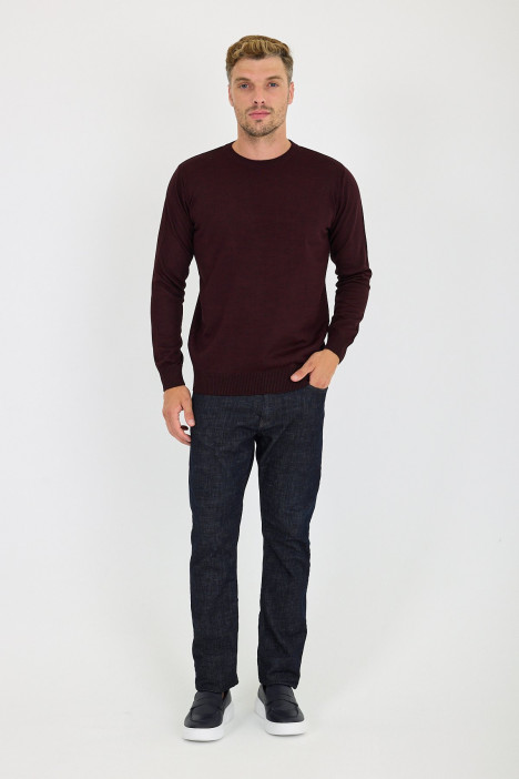 Burgundy Crew Neck Wool Knit Sweater