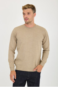 Dark Beige Crew Neck Wool Knit Sweater