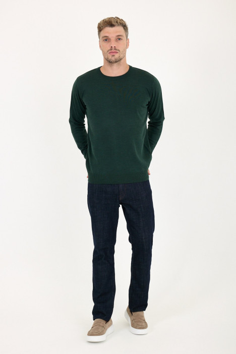 Bottle Green Crew Neck Wool Knit Sweater