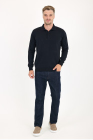 Navy Polo Neck Button Wool Knit Sweater