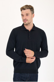Navy Polo Neck Button Wool Knit Sweater
