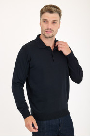 Navy Polo Neck Button Wool Knit Sweater