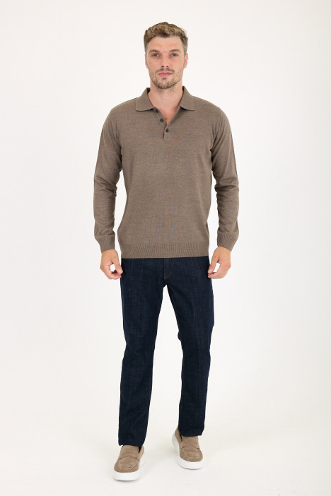 Light Brown Polo Neck Button Wool Knit Sweater
