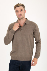 Light Brown Polo Neck Button Wool Knit Sweater