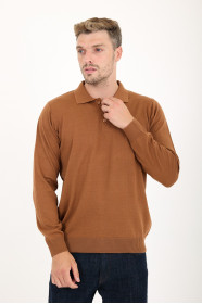 Tan Polo Neck Button Wool Knit Sweater