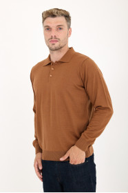Tan Polo Neck Button Wool Knit Sweater