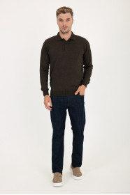 Brown Melange Polo Neck Button Wool Knit Sweater