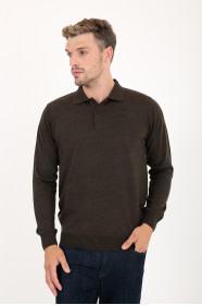 Brown Melange Polo Neck Button Wool Knit Sweater