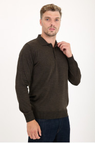 Brown Melange Polo Neck Button Wool Knit Sweater