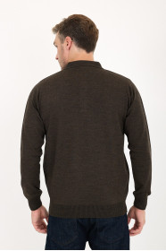 Brown Melange Polo Neck Button Wool Knit Sweater