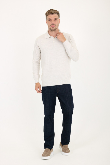 Light Beige Polo Neck Button Wool Knit Sweater
