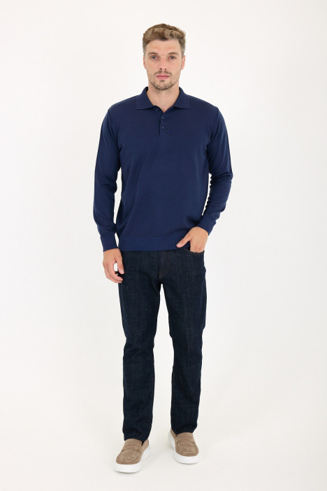 Parliament Blue Polo Neck Button Wool Knit Sweater