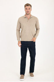 Dark Beige Polo Neck Button Wool Knit Sweater