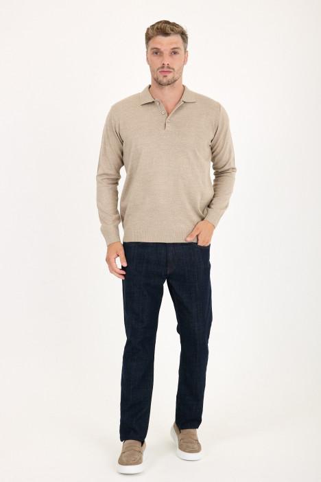 Dark Beige Polo Neck Button Wool Knit Sweater