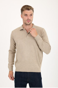 Dark Beige Polo Neck Button Wool Knit Sweater