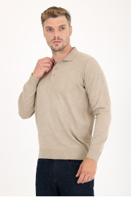 Dark Beige Polo Neck Button Wool Knit Sweater