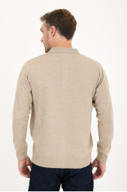 Dark Beige Polo Neck Button Wool Knit Sweater