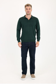 Dark Green Polo Neck Button Wool Knit Sweater