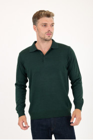 Dark Green Polo Neck Button Wool Knit Sweater