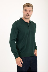 Dark Green Polo Neck Button Wool Knit Sweater