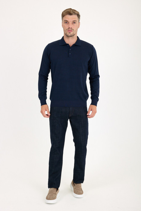 Dark Air Force Melange Polo Neck Button Wool Knit Sweater