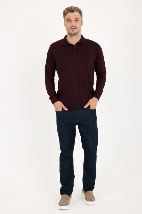 Burgundy Polo Neck Button Wool Knit Sweater
