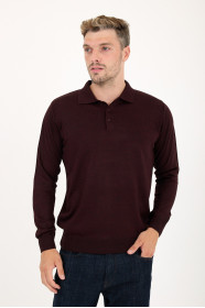 Burgundy Polo Neck Button Wool Knit Sweater