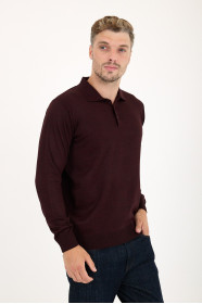 Burgundy Polo Neck Button Wool Knit Sweater