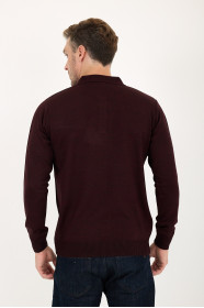Burgundy Polo Neck Button Wool Knit Sweater